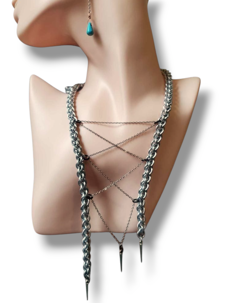 Gothic Chainmail Lace Up Necklace with Spikes