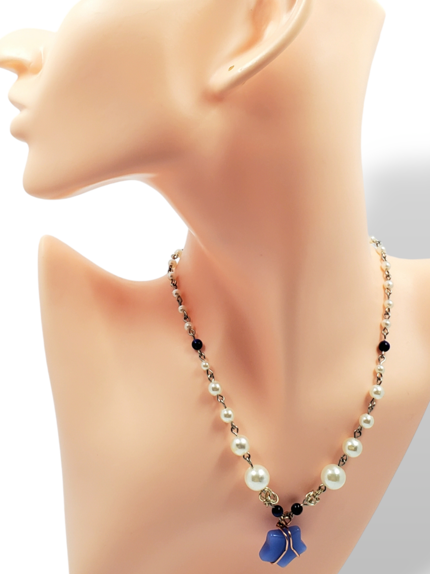 Pearl and Lapis Necklace with Wire Wrapped Star Pendant