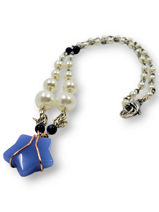 Pearl and Lapis Necklace with Wire Wrapped Star Pendant